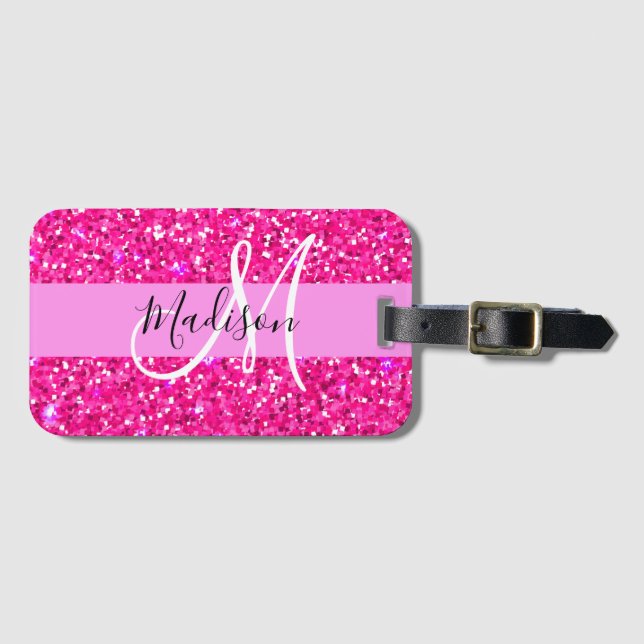 Glam Girly Hot Pink Glitzer Glitzern Name Monogram Gepäckanhänger (Vorderseite (Horizontal))