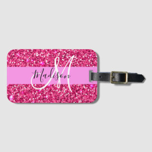 Glam Girly Hot Pink Glitzer Glitzern Name Monogram Gepäckanhänger