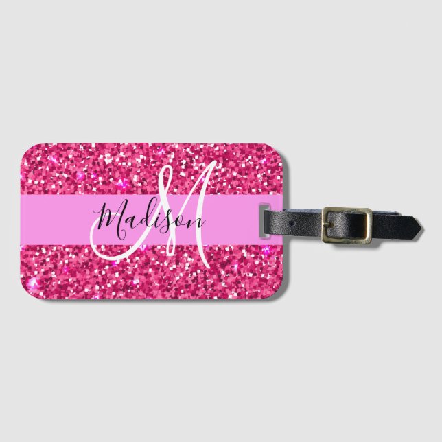 Glam Girly Hot Pink Glitzer Glitzern Name Monogram Gepäckanhänger (Vorderseite (Horizontal))