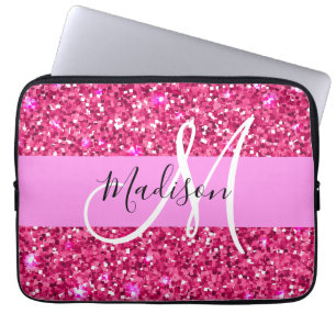 Glam Girly Hot Pink Glitzer Glitzern Name Monogram Laptopschutzhülle