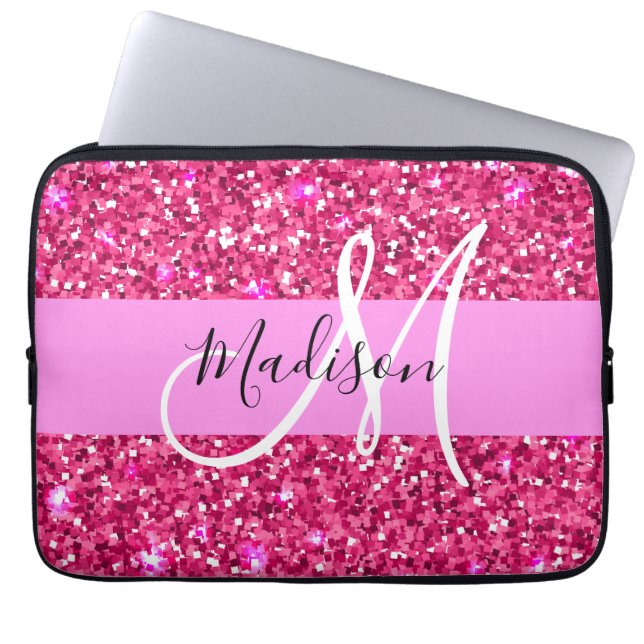 Glam Girly Hot Pink Glitzer Glitzern Name Monogram Laptopschutzhülle (Vorderseite)
