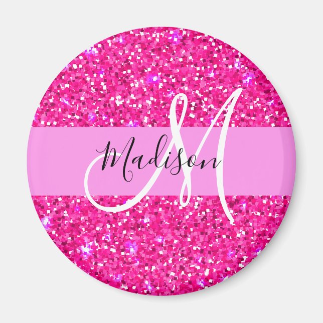 Glam Girly Hot Pink Glitzer Glitzern Name Monogram Magnet (Vorne)