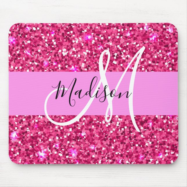 Glam Girly Hot Pink Glitzer Glitzern Name Monogram Mousepad (Vorne)