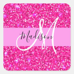 Glam Girly Hot Pink Glitzer Glitzern Name Monogram Quadratischer Aufkleber