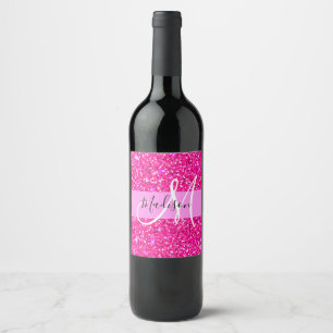 Glam Girly Hot Pink Glitzer Glitzern Name Monogram Weinetikett