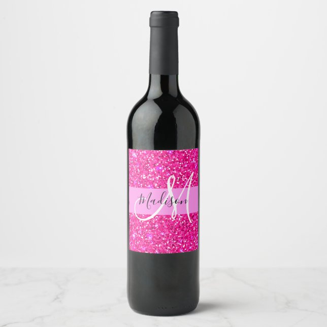 Glam Girly Hot Pink Glitzer Glitzern Name Monogram Weinetikett (Vorderseite)
