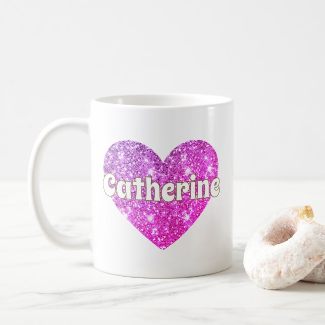 Glam Girly Hot Pink Glitzer Herzname Kaffeetasse (Mit Donut)