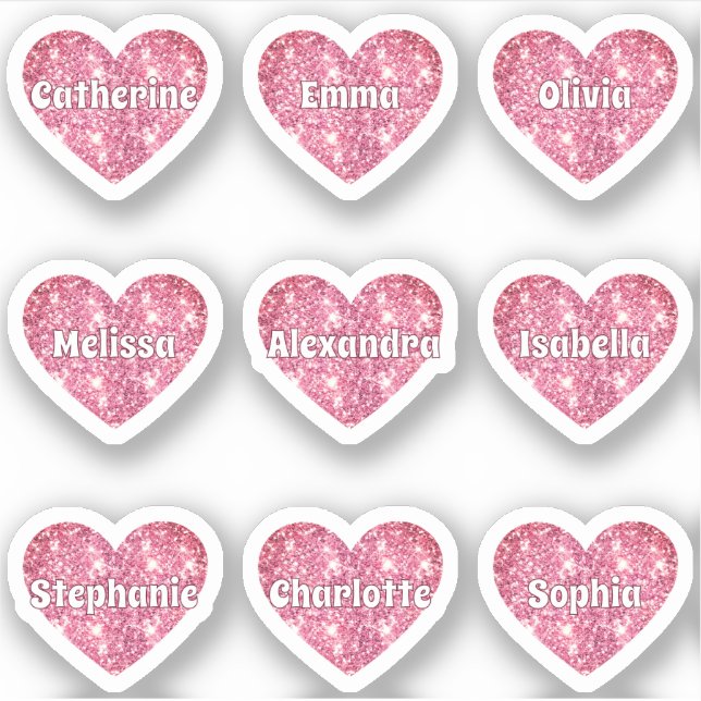 Glam Girly Pink Glitzer Hearts Names Pack Aufkleber (Vorderseite)