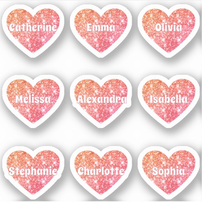 Glam Girly Red Orange Glitzer Hearts Names Pack Aufkleber (Vorderseite)