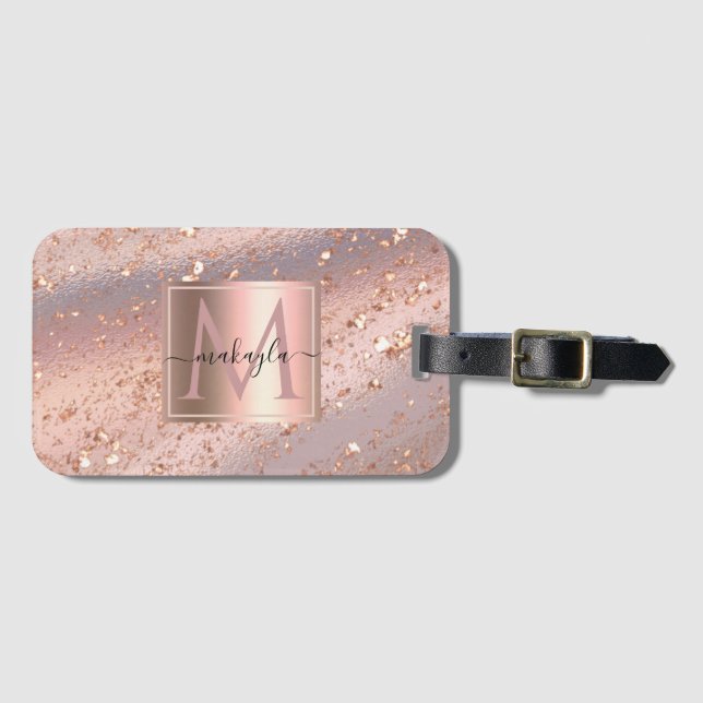 Glam Girly Rose Gold Flakes Gitter Monogram Gepäckanhänger (Vorderseite (Horizontal))