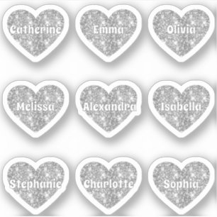 Glam Girly Silver Glitzer Hearts Names Pack Aufkleber