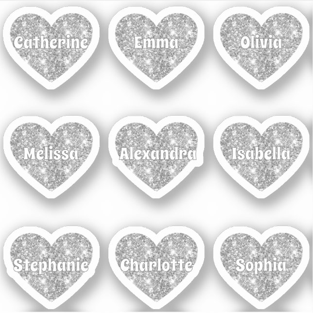 Glam Girly Silver Glitzer Hearts Names Pack Aufkleber (Vorderseite)