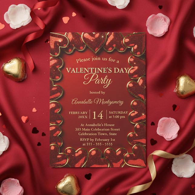 Glam Glitter Red Gold Hearts Valentine's Day Party Einladung (Von Creator hochgeladen)