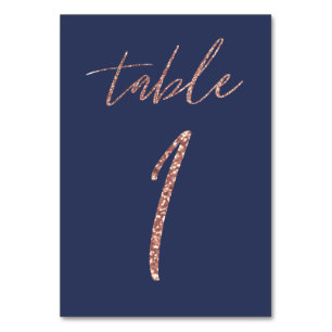 Glam Glitter Roségold- und Blaue Hochzeit Tischnummer