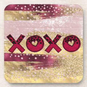 Glam Glitzer Gold Red Luxe XOXO Valentines Getränkeuntersetzer