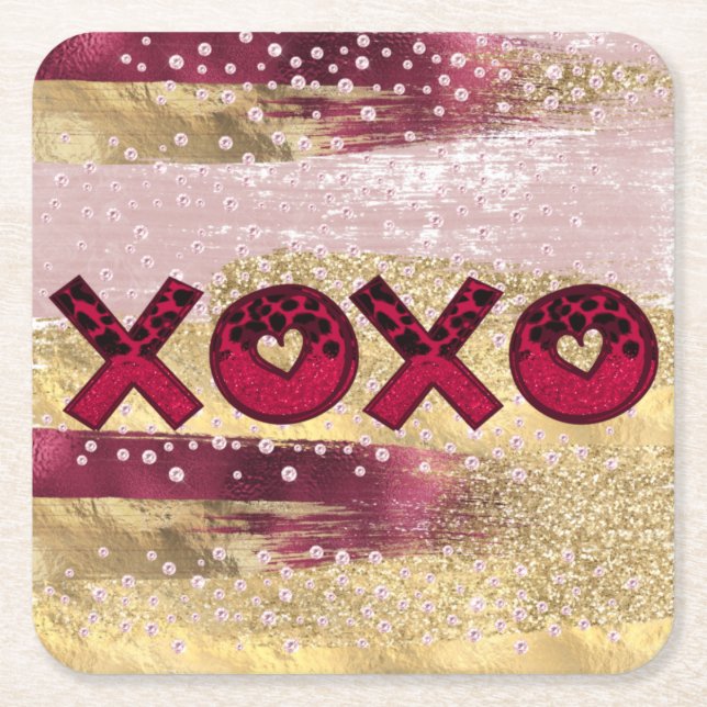 Glam Glitzer Gold Red Luxe XOXO Valentines Rechteckiger Pappuntersetzer (Vorderseite)