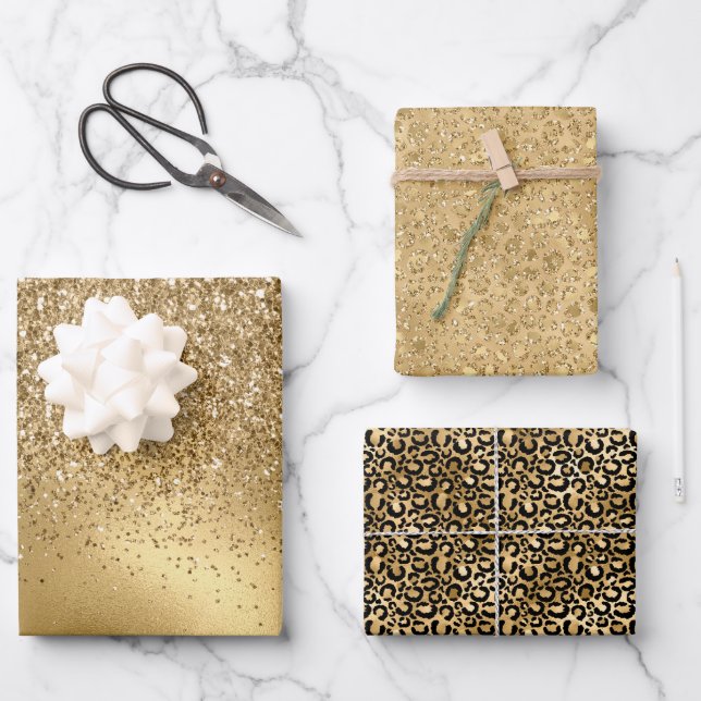 Glam Glitzer Leopard Geschenkpapier Set (Vorderseite)