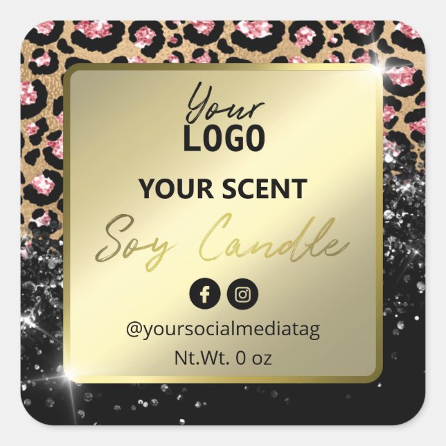 Glam Glitzer Leopard Print Soy Candle Labels Quadratischer Aufkleber (Vorderseite)