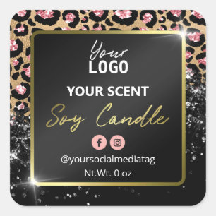 Glam Glitzer Leopard Skin Black Soy Candle Labels Quadratischer Aufkleber