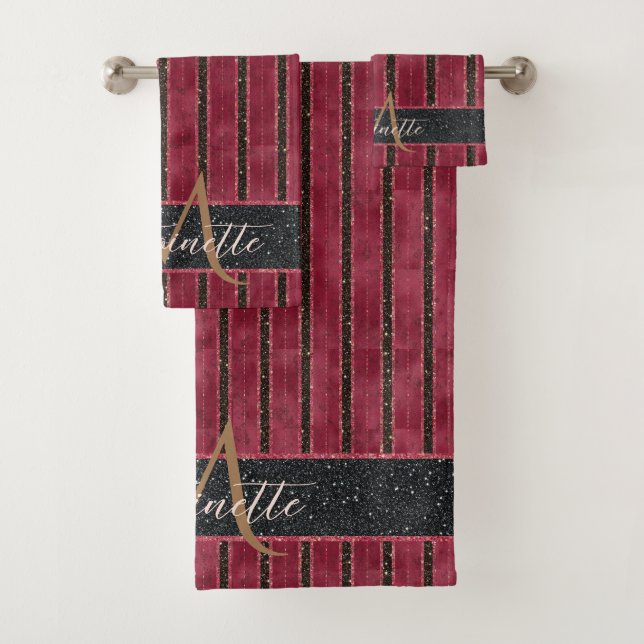 Glam Glitzer Mit Monogramm Name Burgundy Red Badhandtuch Set (Insitu)