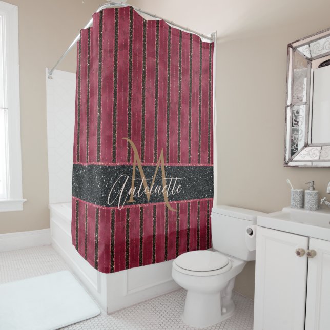 Glam Glitzer Mit Monogramm Name Burgundy Red Duschvorhang (Beispiel)