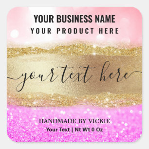 Glam Glitzer Rosa Lila und goldene Produktkennzeic Quadratischer Aufkleber