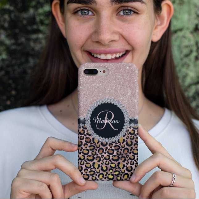 Glam Glitzer Rose Gold Diamond Monogram Leopard Case-Mate iPhone Hülle (Von Creator hochgeladen)