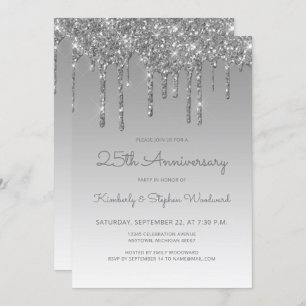 Glam Glitzer Tropfen Silver 25-jähriges Party Einladung
