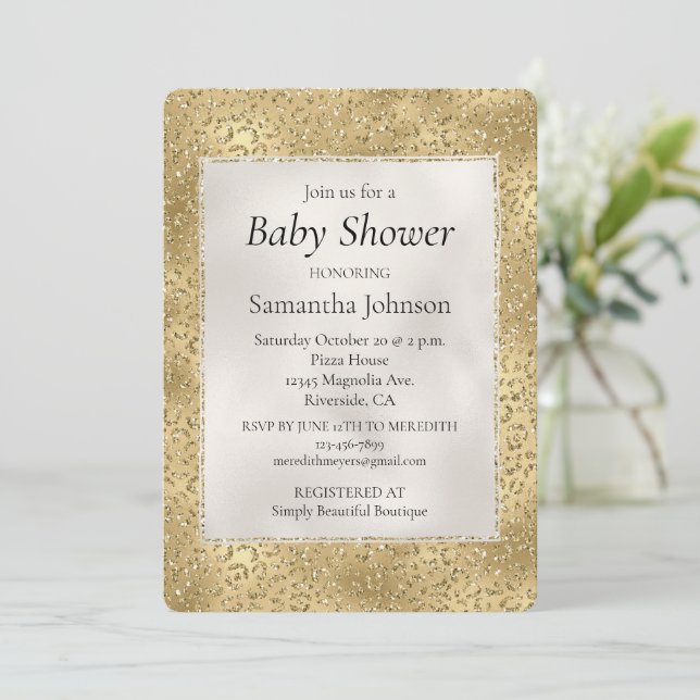Glam Glitzy Glitzer Leopard Baby Shower Einladung (Stehend Vorderseite)