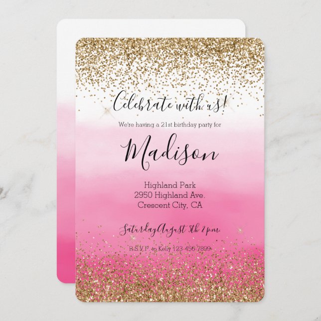 Glam Glitzy Sparkle Glitzer Pink Ombre Einladung (Vorne/Hinten)