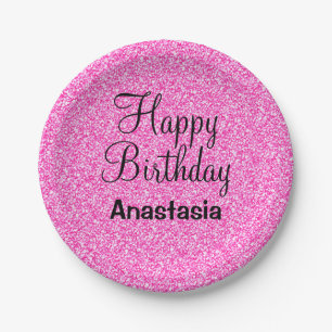Glam Glücklicher Geburtstag Hot Pink Glitter Funke Pappteller
