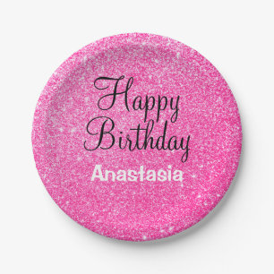 Glam Glücklicher Geburtstag Hot Pink Glitter Funke Pappteller