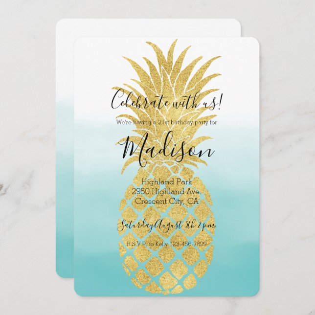 Glam Gold Ananas Aqua Einladung (Vorne/Hinten)