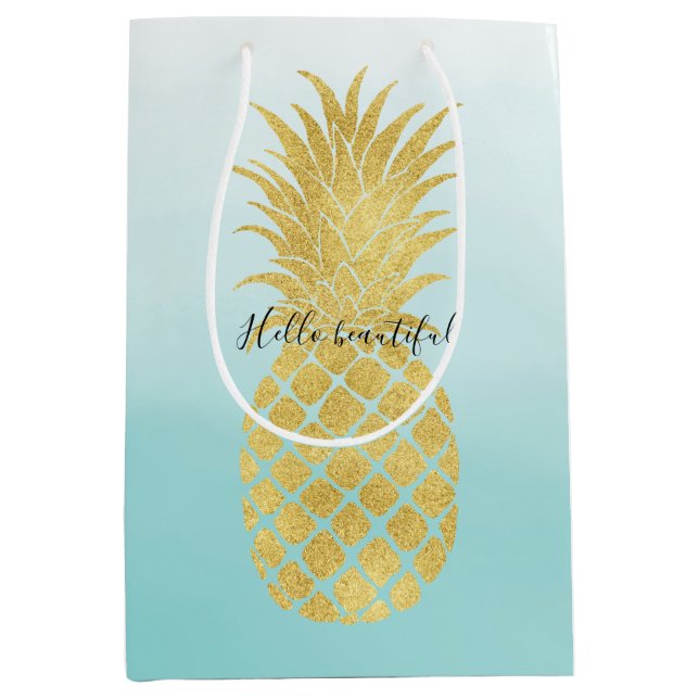 Glam Gold Ananas Aqua Mittlere Geschenktüte (Vorderseite)