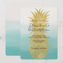 Glam Gold Ananas Aqua Wasserfarbe Ombre Wedding Einladung