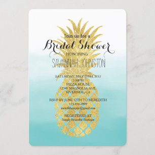 Glam Gold Ananas Aqua Watercolor Brautparty Einladung