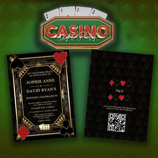 Glam Gold Art Deco Casino QR Code Poker Wedding  Einladung (casino Las Vegas wedding invitation, trendy elegant gold black wedding invite, Art Deco vegas invite)