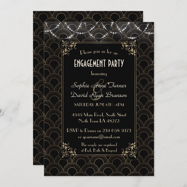 Glam Gold Art Deco Fleur-de-lis Engagement Party Einladung (Vorne/Hinten)