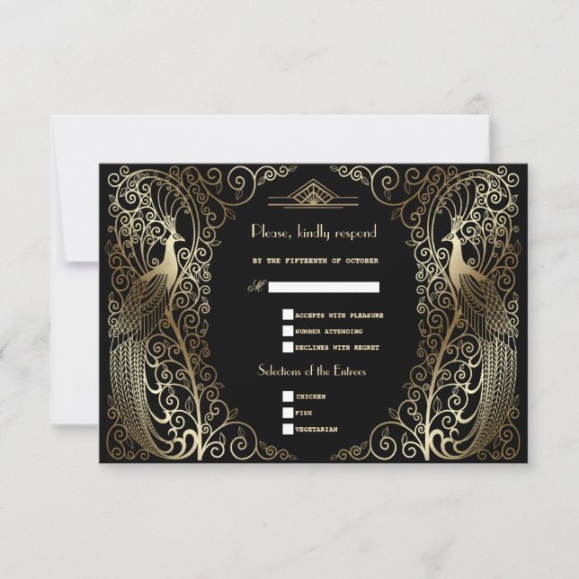 Glam Gold Art Deco Peacocks Hochzeit RSVP Karte (Vorderseite)