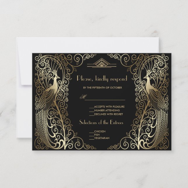 Glam Gold Art Deco Peacocks Senior Wedding RSVP Karte (Vorderseite)