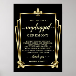 Glam Gold Art Deco Unplugged Wedding Ceremony Sign Poster