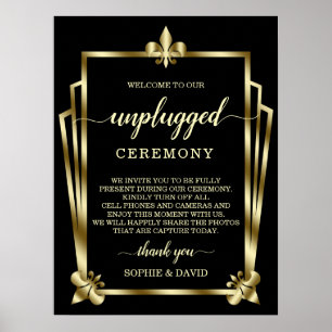 Glam Gold Art Deco Unplugged Wedding Ceremony Sign Poster