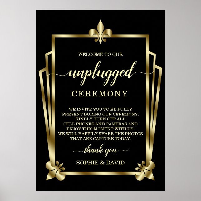 Glam Gold Art Deco Unplugged Wedding Zeremony Sign Poster (Vorne)