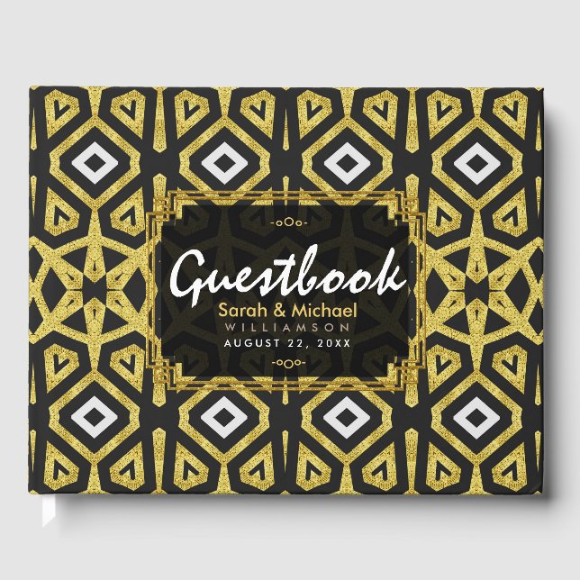 Glam Gold Black Geometry Muster Hochzeit Gästebuch (Vorderseite)
