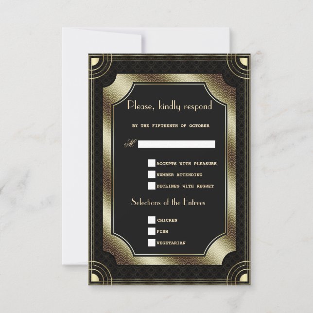 Glam Gold Black Great Art Deco Hochzeit RSVP Karte (Vorderseite)