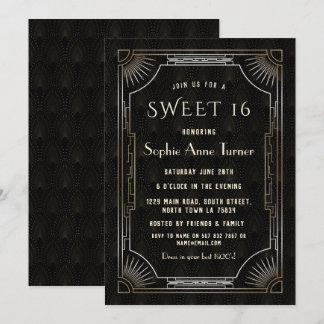 Glam Gold Black Great Gatsby Art Deco 20s SWEET 16 Einladung