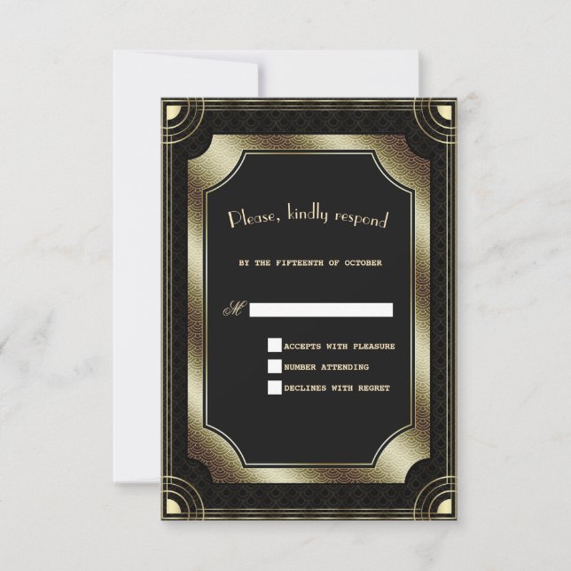 Glam Gold Black Great Gatsby Art Deco Hochzeit RSVP Karte (Vorderseite)