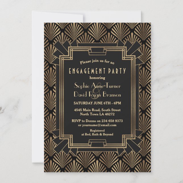 Glam Gold Black Great Gatsby Engagement Party Einladung (Vorderseite)