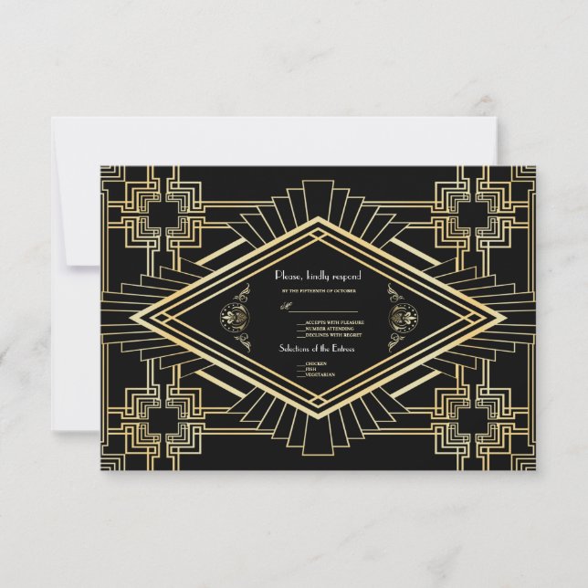 Glam Gold Black Great Gatsby Wedding RSVP (Vorderseite)