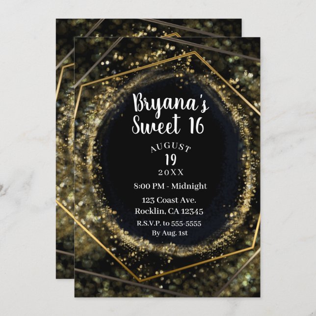 Glam Gold & Black Modernes Abstrakt Glam Sweet 16 Einladung (Vorne/Hinten)